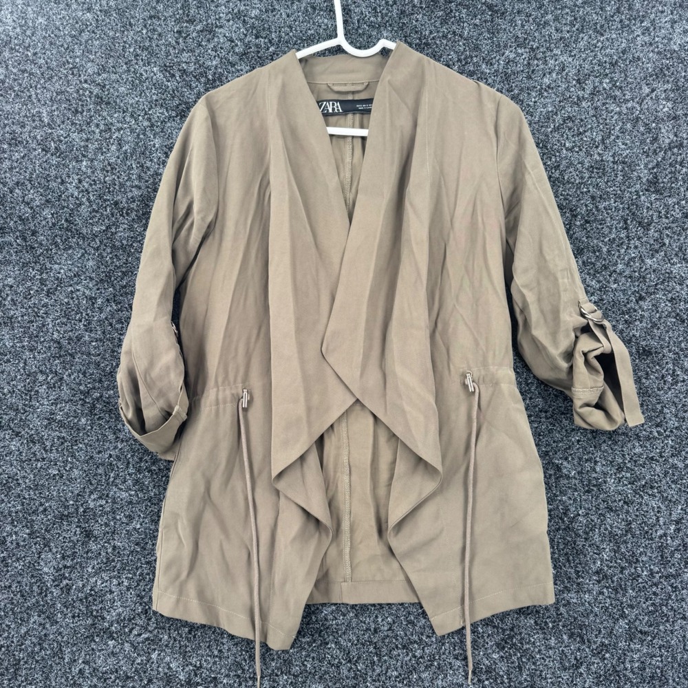Zara Womens Small Olive Drab Draped Open Front Drawstring Utility Jacket Layer
